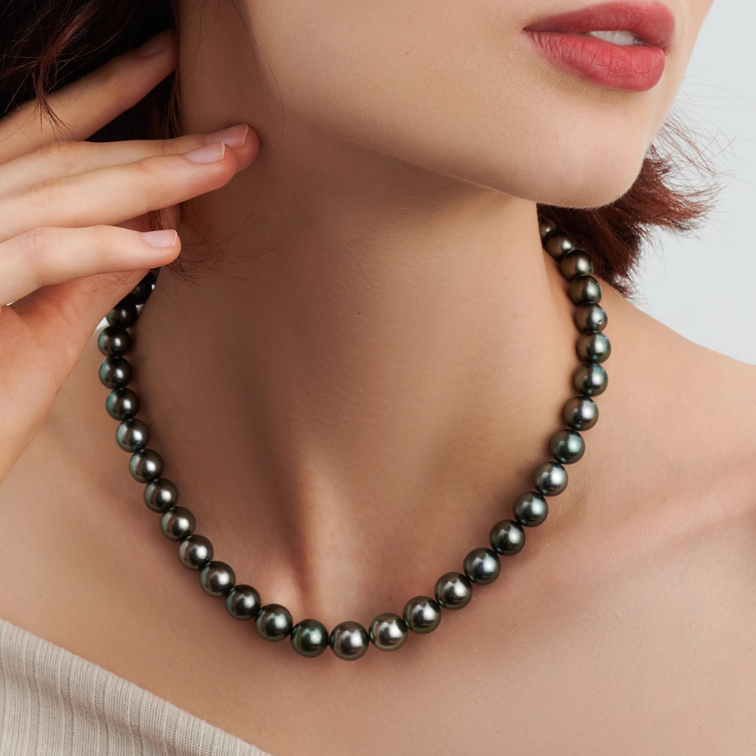 9mm-9.5mm 18K Solid Gold Black Tahitian Pearl Necklace - AAA Quality