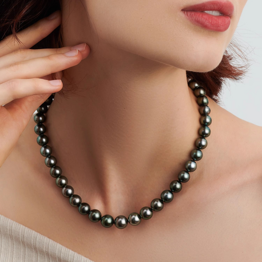 9mm-9.5mm 18K Solid Gold Black Tahitian Pearl Necklace - AAAA Quality（With GIA Certificate）