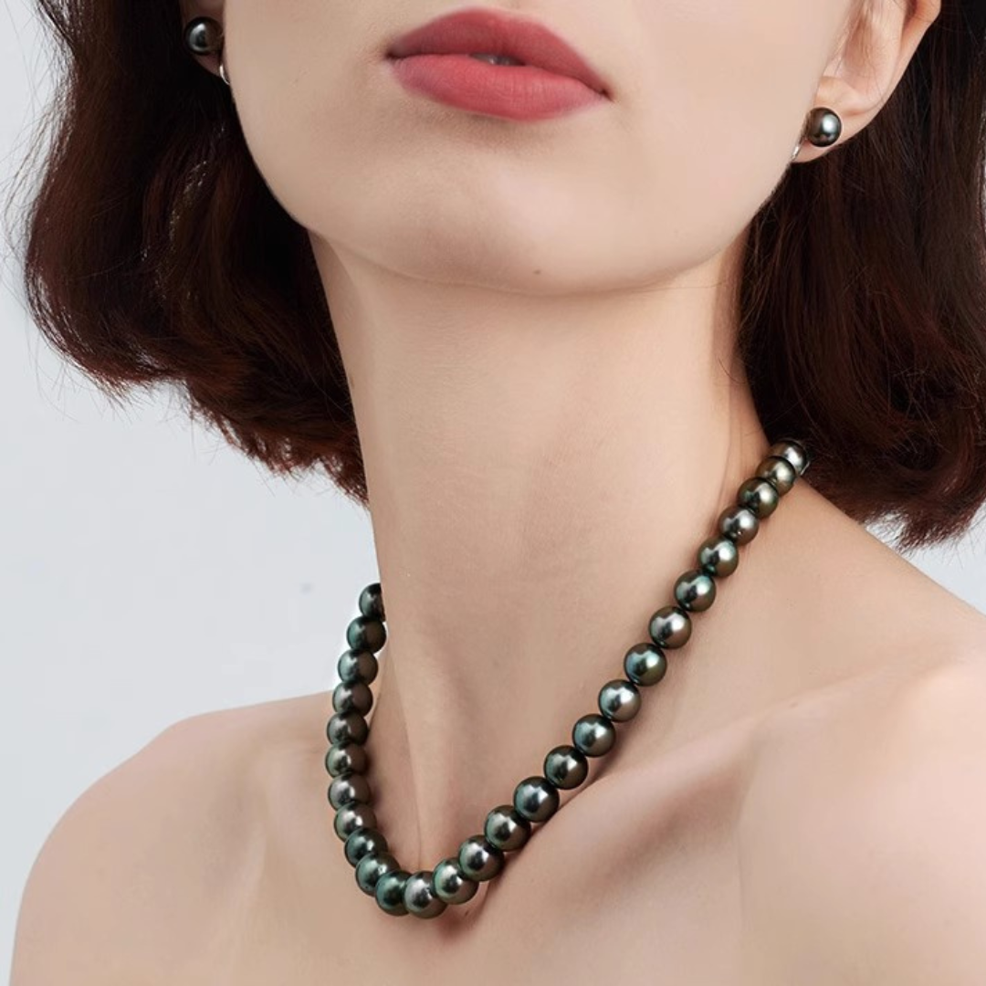 9mm-9.5mm 18K Solid Gold Black Tahitian Pearl Necklace - AAA Quality