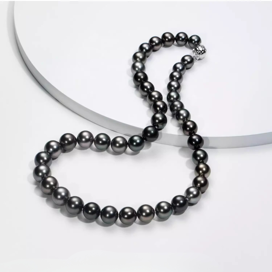 9mm-9.5mm 18K Solid Gold Black Tahitian Pearl Necklace - AAA Quality