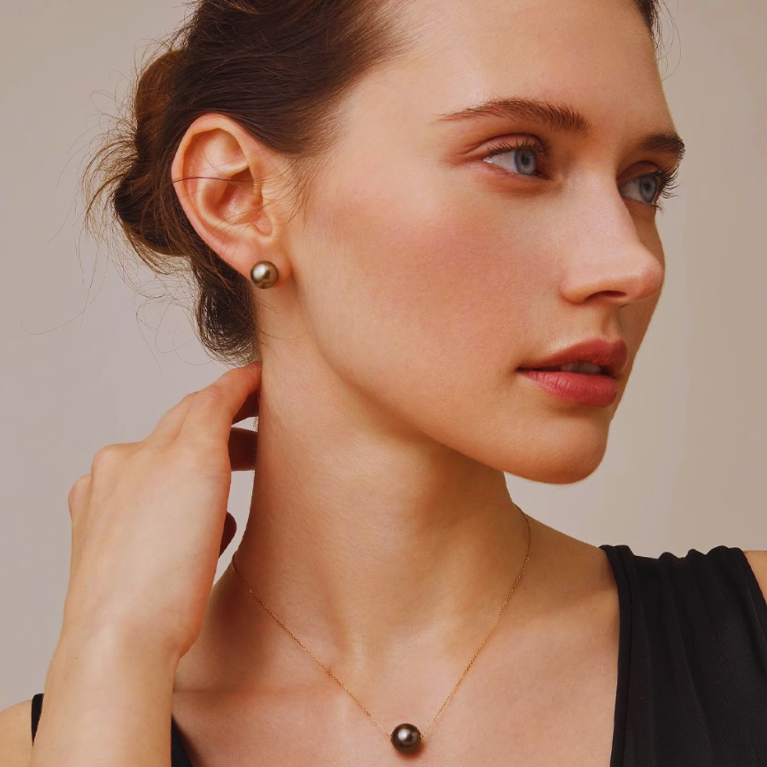 9mm-9.5m 18K Solid Gold Black Tahitian Pearl Stud Earrings - AAA Quality