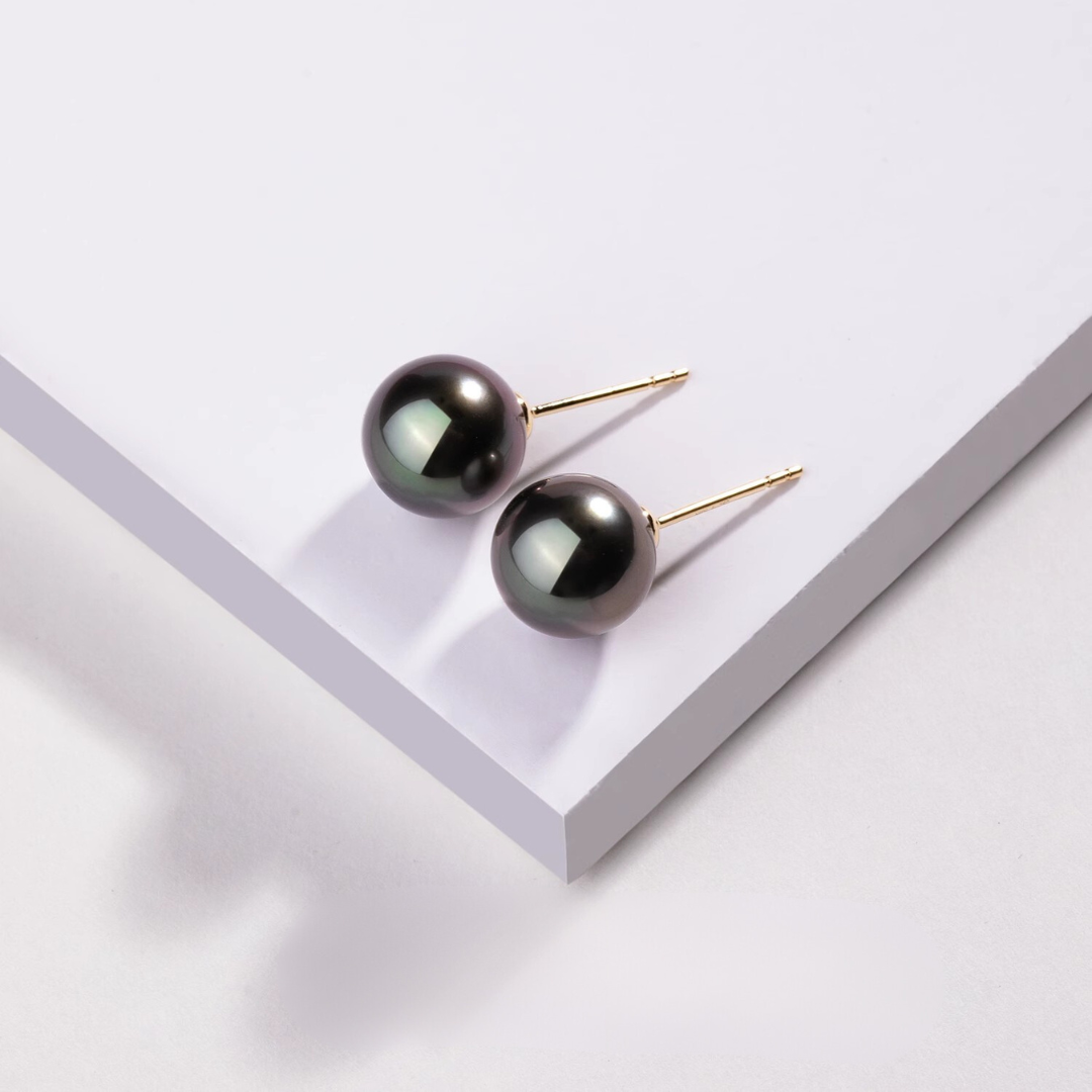 9mm-9.5m 18K Solid Gold Black Tahitian Pearl Stud Earrings - AAA Quality