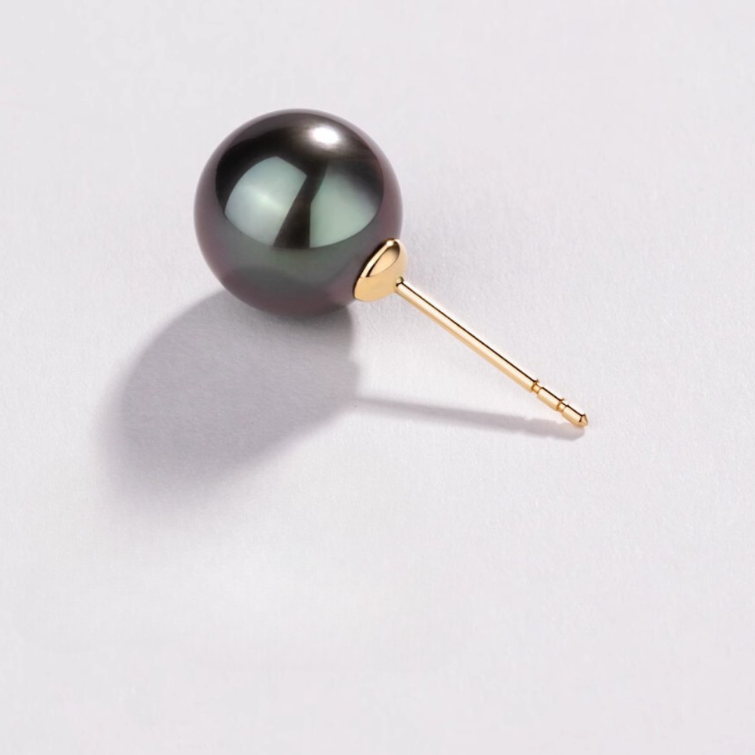 9mm-9.5m 18K Solid Gold Black Tahitian Pearl Stud Earrings - AAA Quality