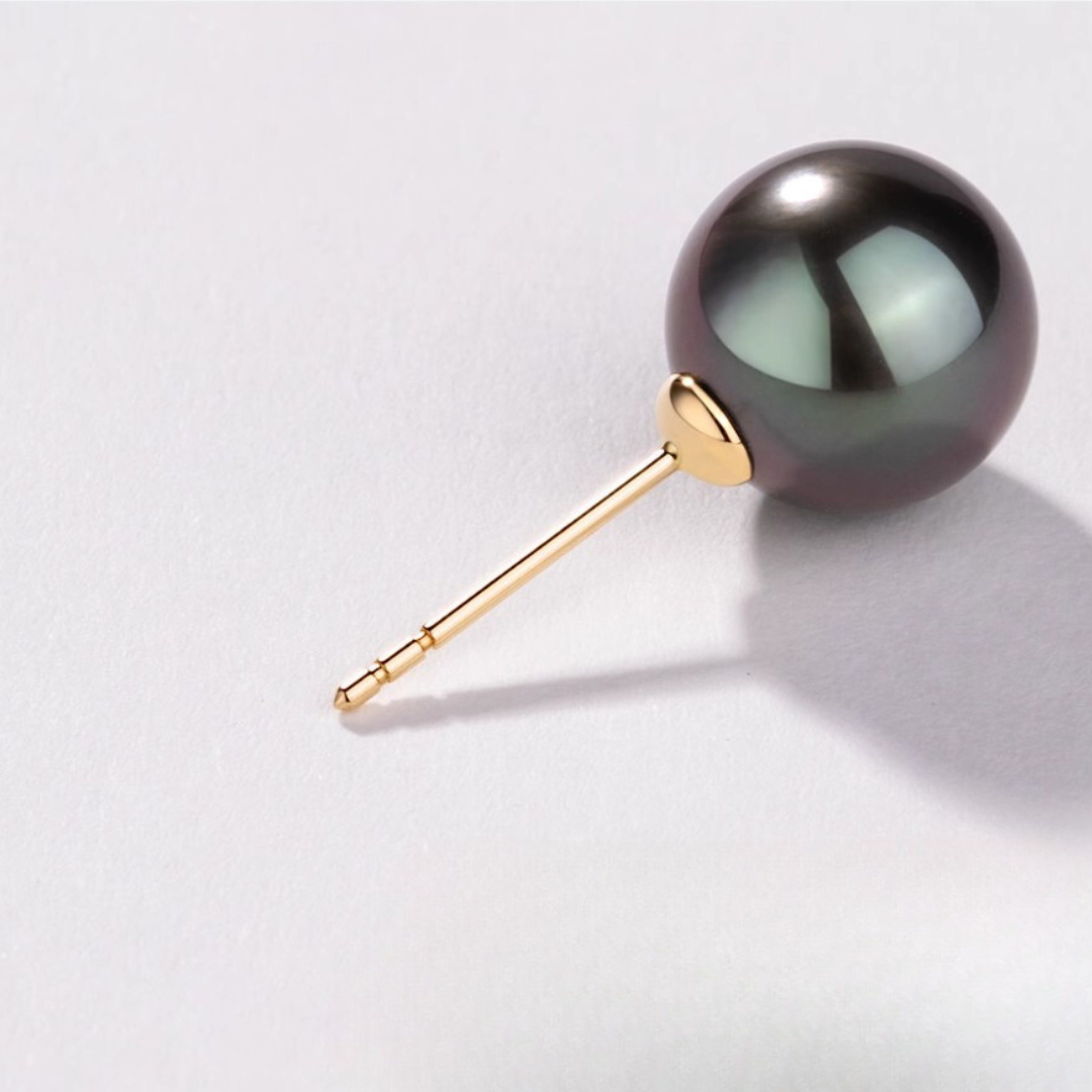 9mm-9.5m 18K Solid Gold Black Tahitian Pearl Stud Earrings - AAA Quality
