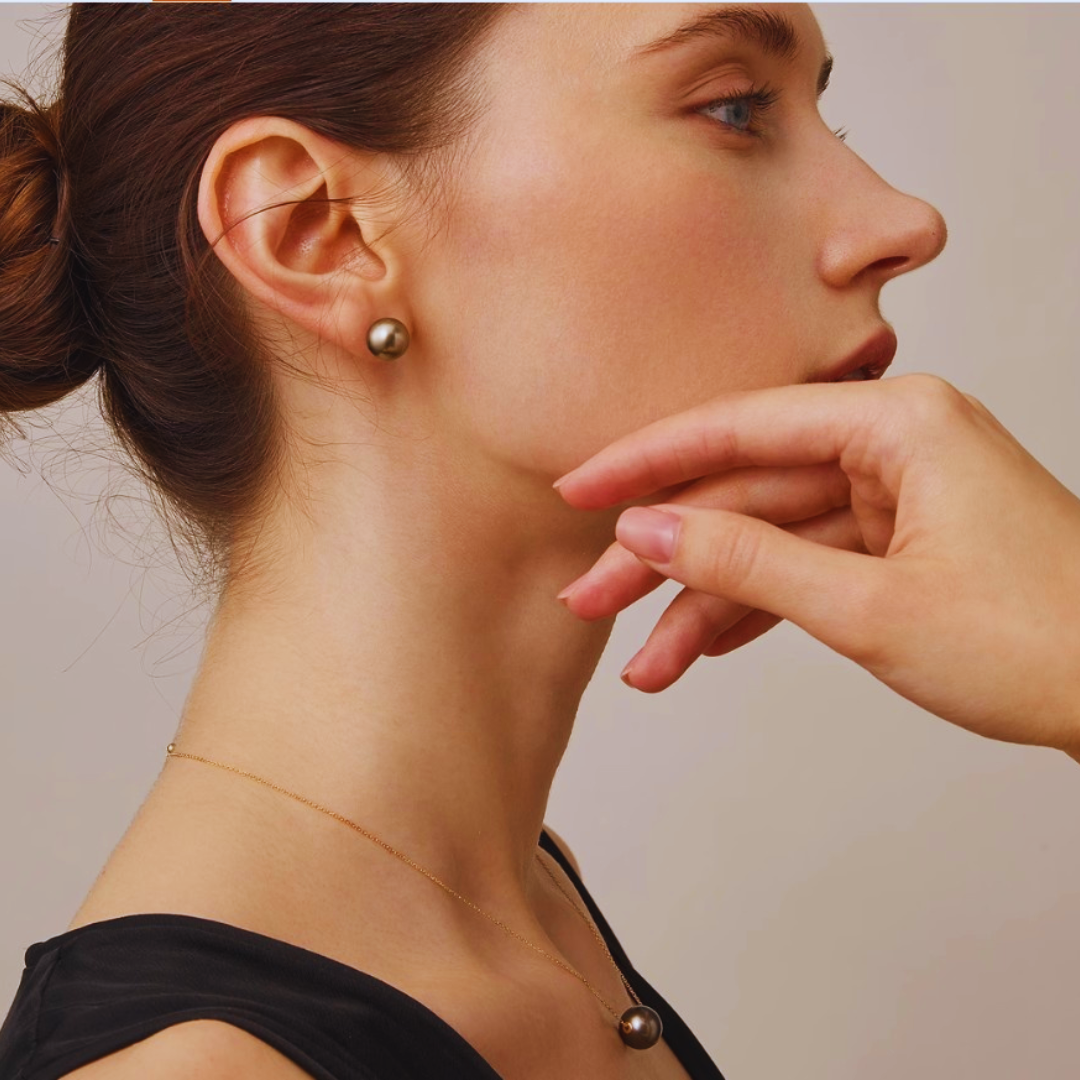 9mm-9.5m 18K Solid Gold Black Tahitian Pearl Stud Earrings - AAA Quality