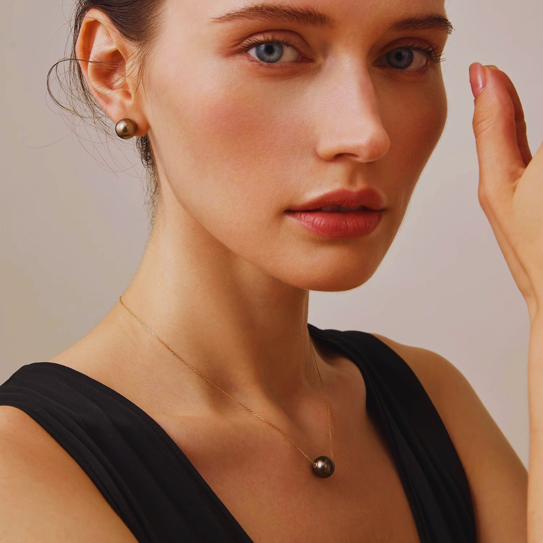 9mm-9.5m 18K Solid Gold Black Tahitian Pearl Stud Earrings - AAA Quality