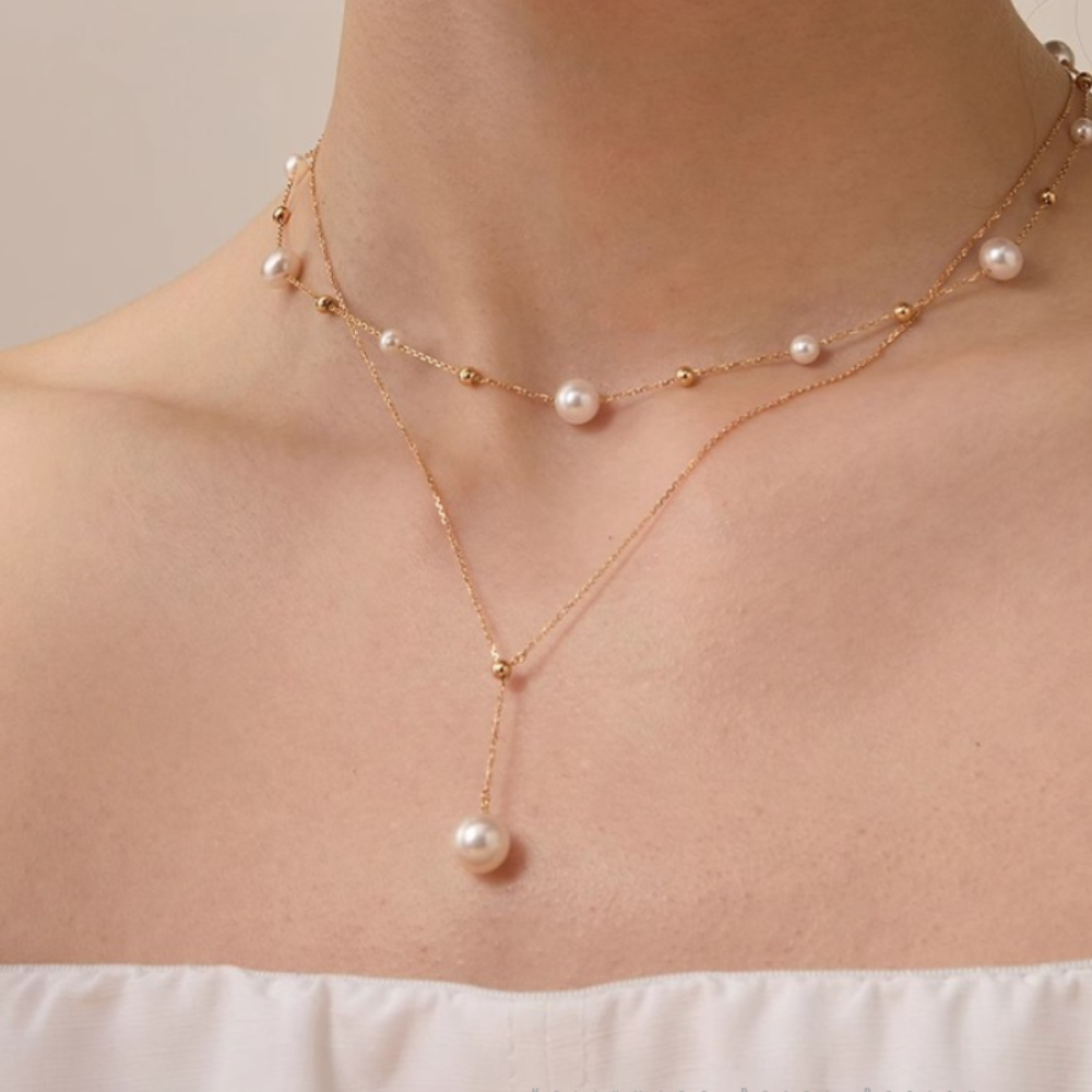 7mm-9.5mm 18K Solid Gold Janpanese Akoya Seawater Y Shaped Adjustable Pearl Pendant Necklace - AAA Quality