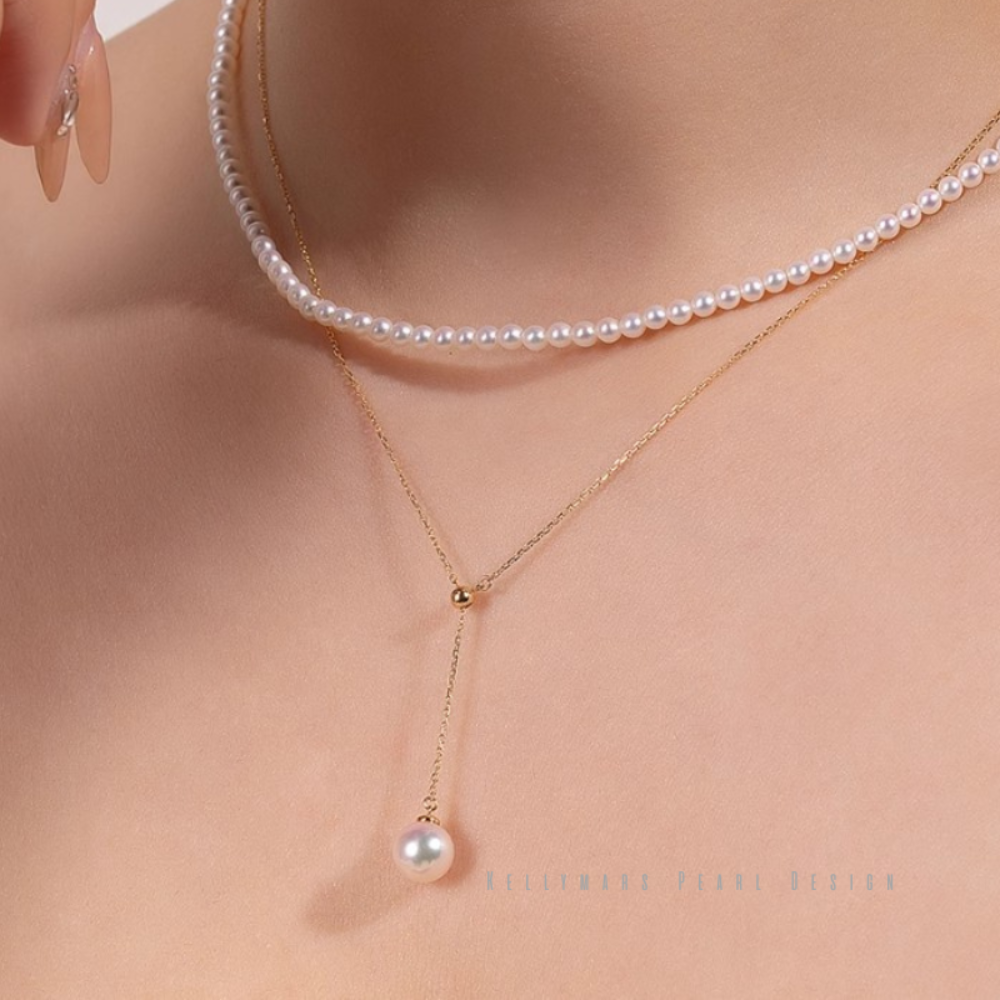7mm-9.5mm 18K Solid Gold Janpanese Akoya Seawater Y Shaped Adjustable Pearl Pendant Necklace - AAA Quality