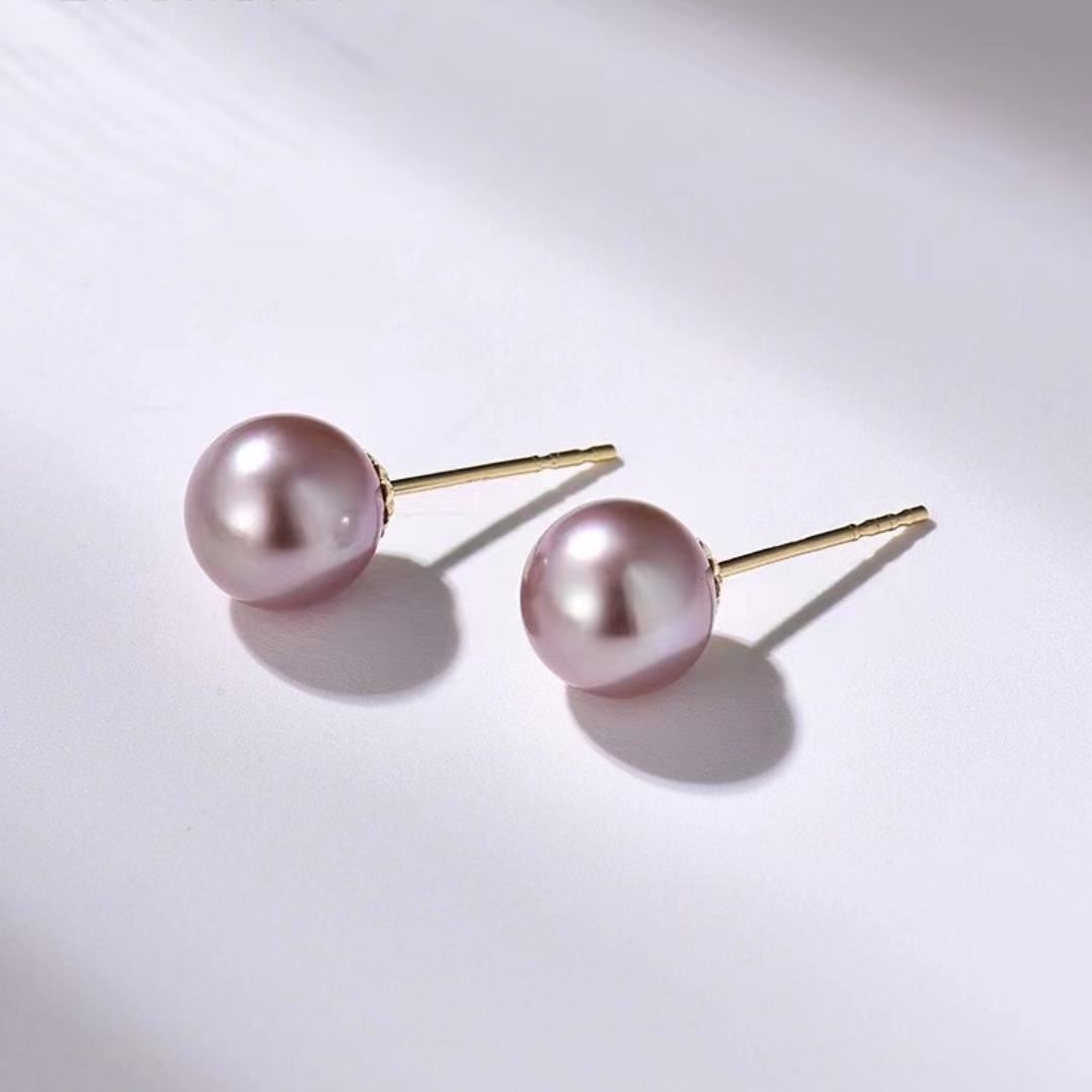 18K Solid Gold Purple Aurora Pearl Stud Earrings AAAA Quality  (4mm-9.5mm )