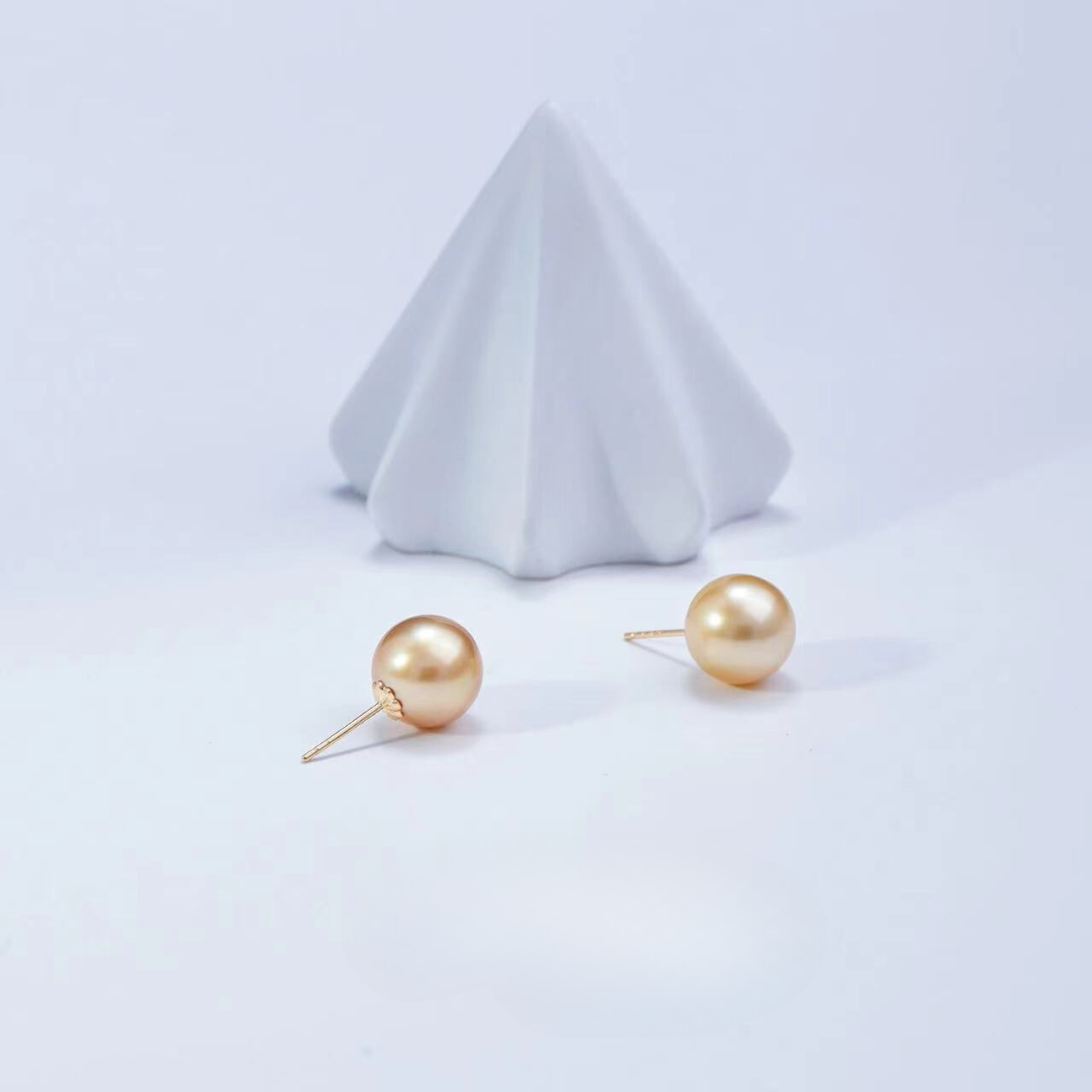 18K Solid Gold South Sea Saltwater Pearl Stud Earrings AAAA Quality 9mm-9.5mm