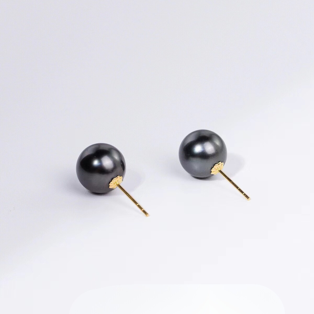 18K Solid Gold Tahitian Saltwater Pearl Stud Earrings 9mm-9.5mm AAAA Quality