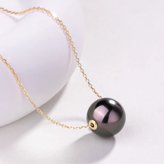 9mm-9.5mm 18K Solid Gold Black Tahitian Solitaire Pearl Necklace - AAA Quality