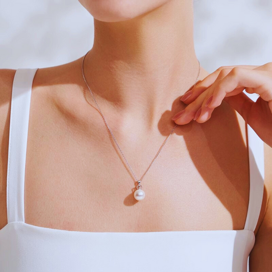 9mm-9.5mm 18K Solid White Gold Natural White Edison Freshwater Pearl Pendant Necklace - AAA Quality