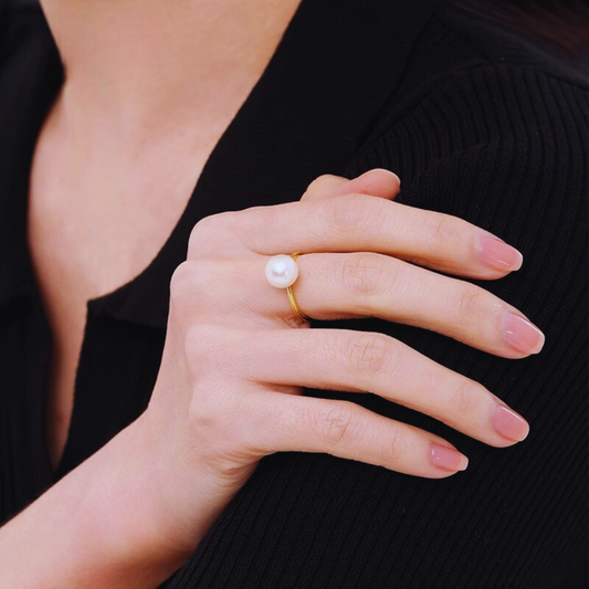 18K Gold Modern Tarnish-Resistant Janpanese Akoya Pearl Ring- AAA Quality