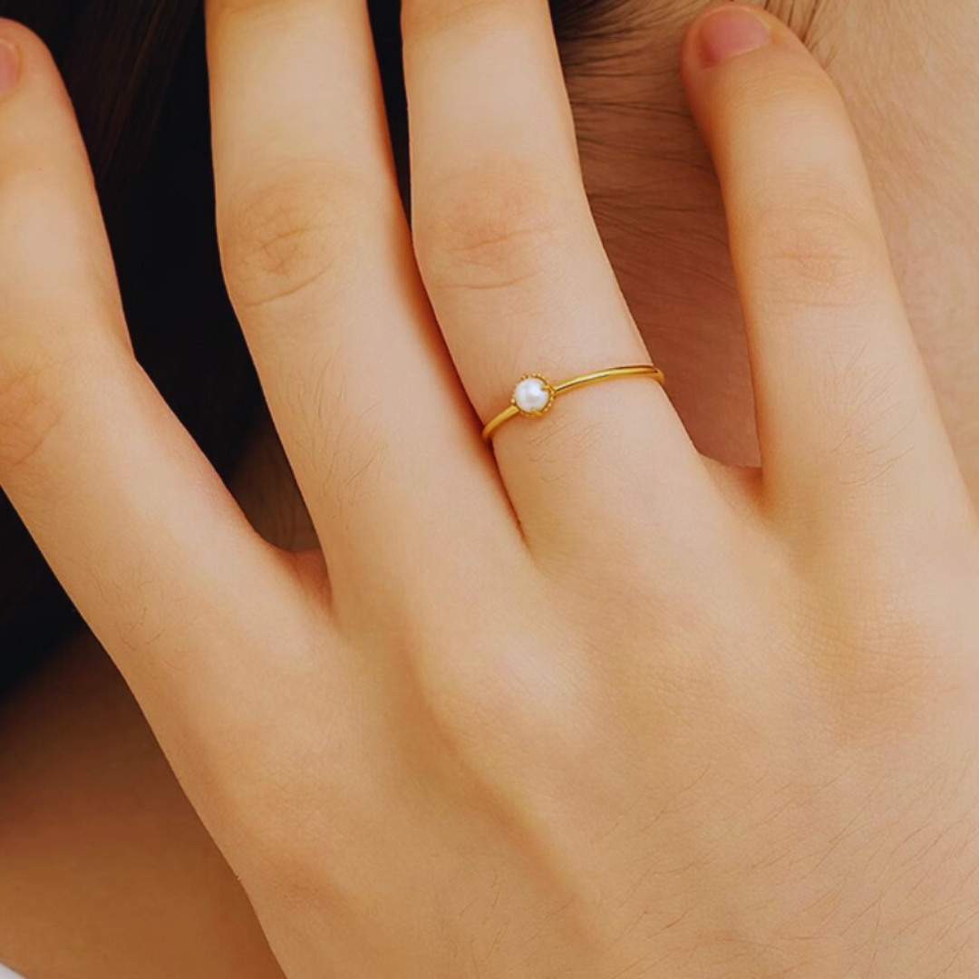 3mm-3.5mm 18K Solid Gold Natural Freshwater Pearl Engagement Ring - AAA Quality
