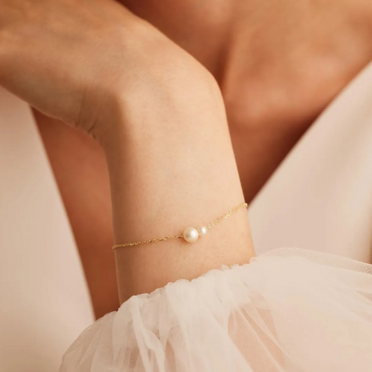 3mm-5.5mm 18K Solid Gold Dainty 2 Round Freshwater Pearl Bracelet - AAA Quality