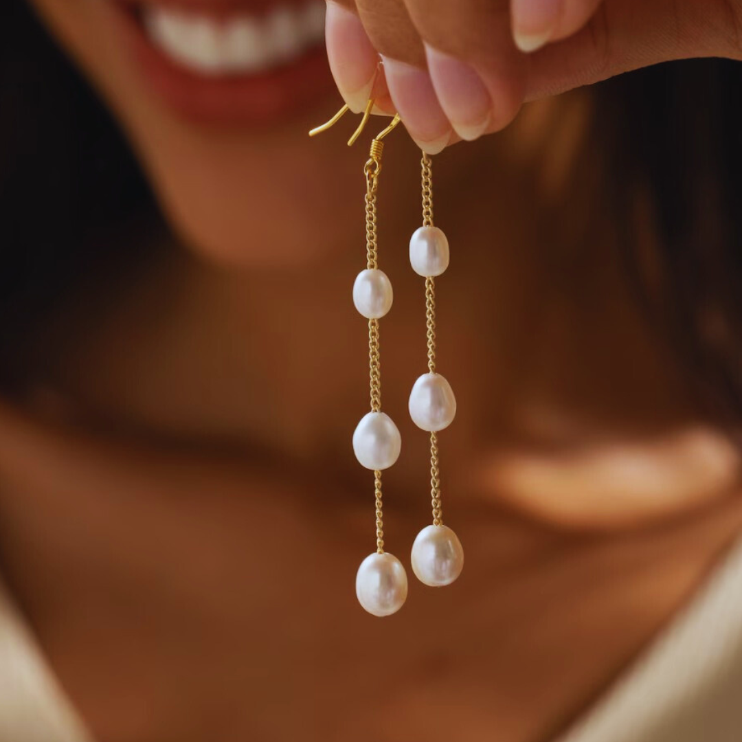 5mm-5.5mm 18K Solid Gold Natural Freshwater Pearl Drop Earrings - AAA Quality