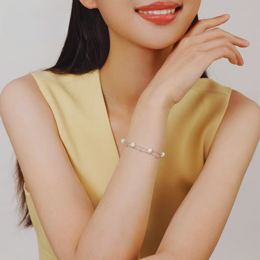 6mm-6.5mm Hypoallergenic Pure Silver Natural Freswater Pearl Double Tincup Bracelet - AAA Quality