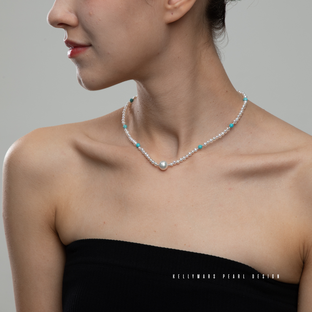 Azura – 5–7.5mm Natural Freshwater Pearl and Turquoise Necklace