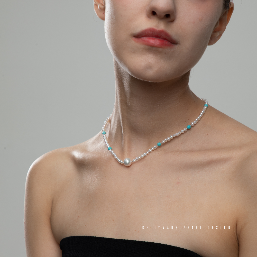 Azura – 5–7.5mm Natural Freshwater Pearl and Turquoise Necklace