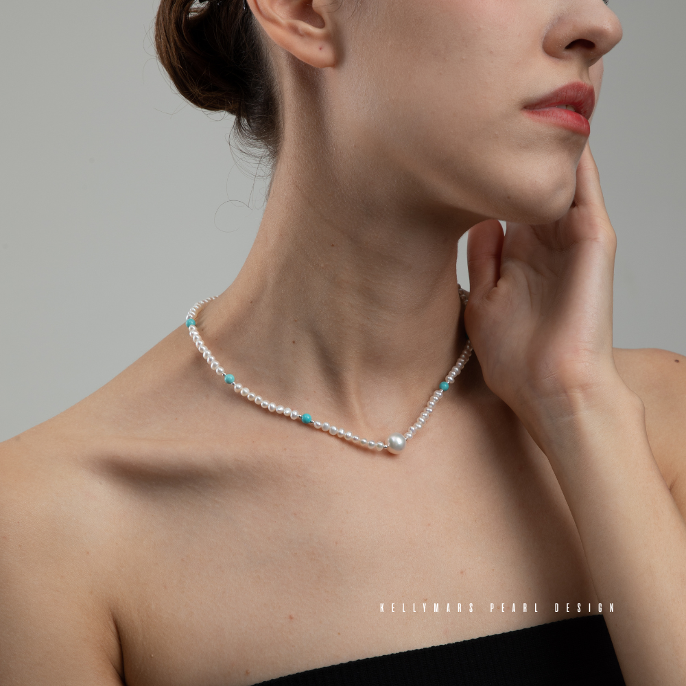 Azura – 5–7.5mm Natural Freshwater Pearl and Turquoise Necklace