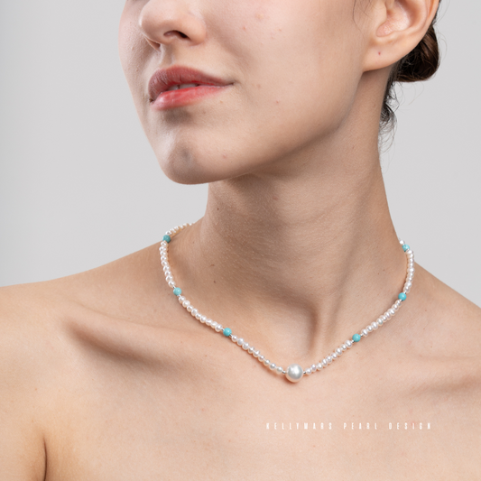 5mm-7.5mm Natural Freshwater Pearl and Turquoise Necklace in Hypoallergenic 925 Sterling Silver – AAA Grade Minimalist Fine Jewelry