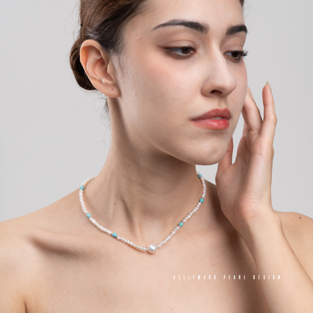 Azura – 5–7.5mm Natural Freshwater Pearl and Turquoise Necklace
