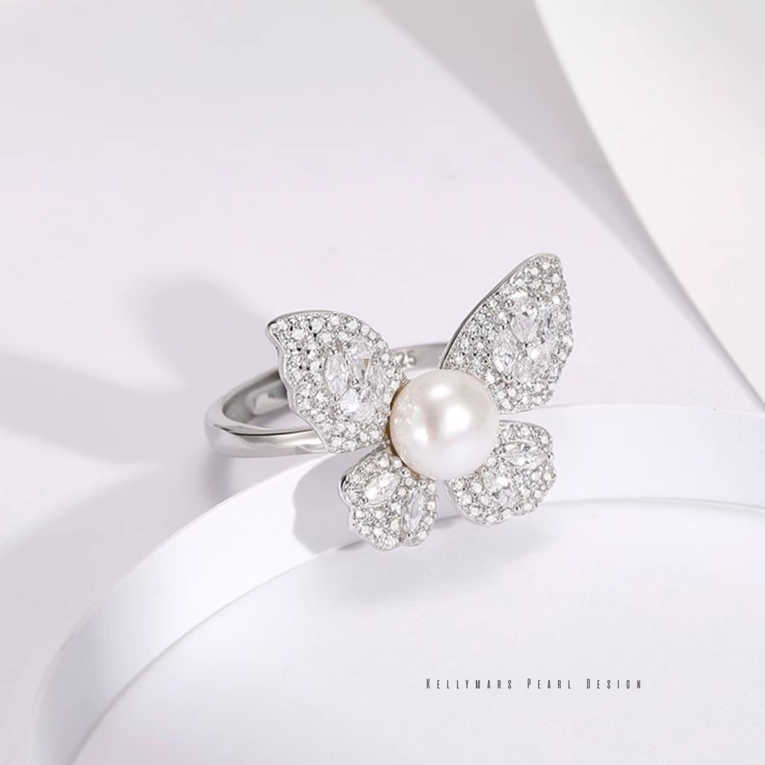 Flutter – 6–6.5mm Designer Butterfly Freshwater Pearl Adjustable Ring