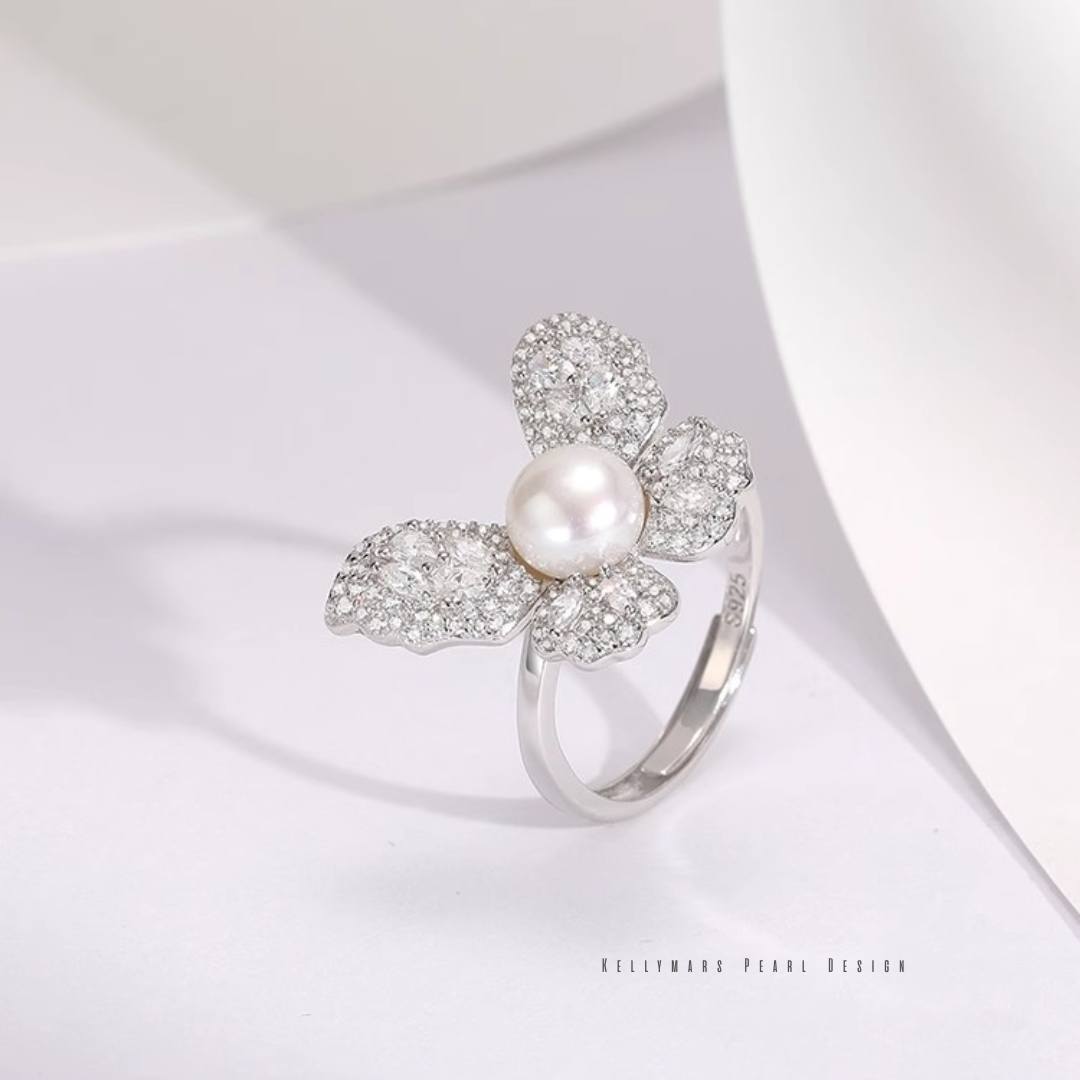 Flutter – 6–6.5mm Designer Butterfly Freshwater Pearl Adjustable Ring