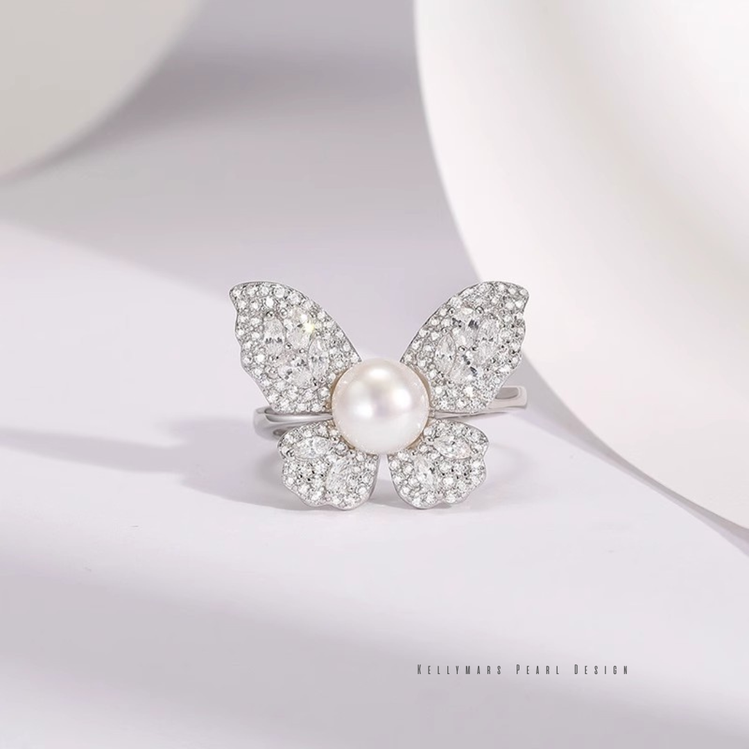 Flutter – 6–6.5mm Designer Butterfly Freshwater Pearl Adjustable Ring