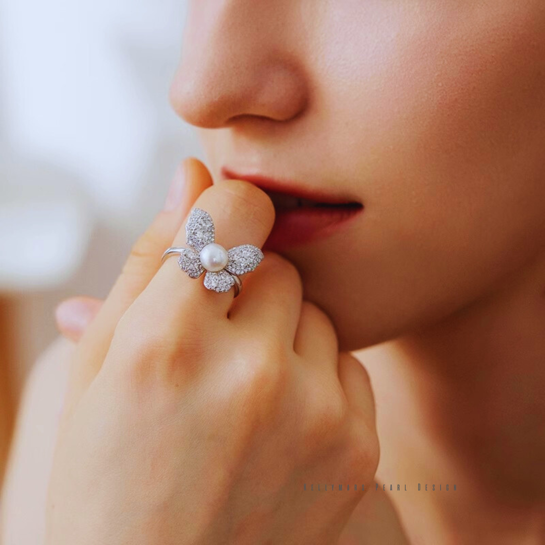 Flutter – 6–6.5mm Designer Butterfly Freshwater Pearl Adjustable Ring