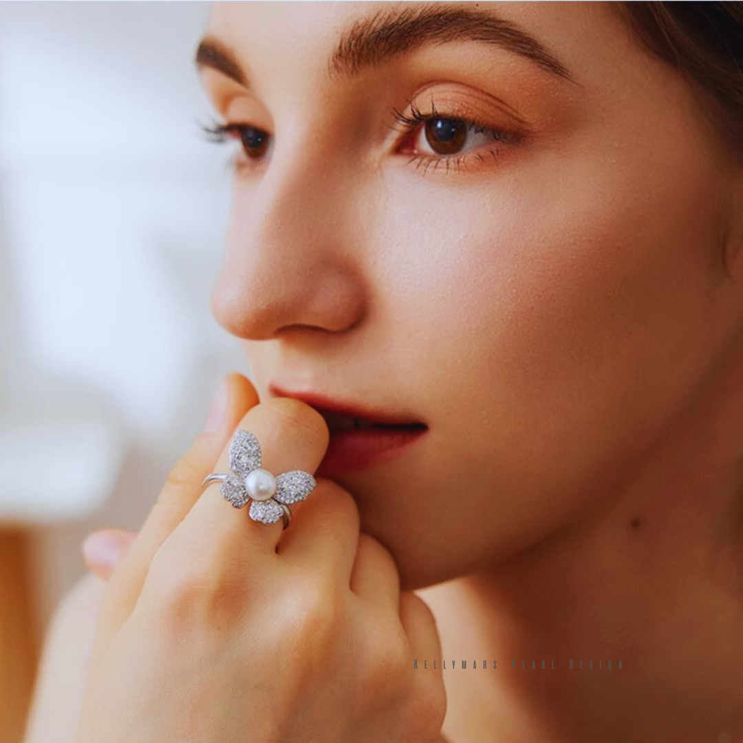 Flutter – 6–6.5mm Designer Butterfly Freshwater Pearl Adjustable Ring