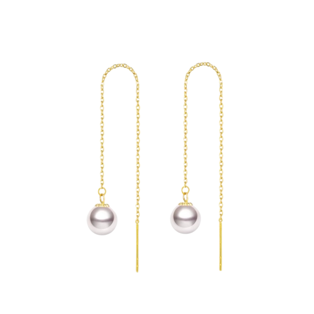 18K Gold Janpanese Gold Akoya Pearl Danling Long Earrings - AAA Quality