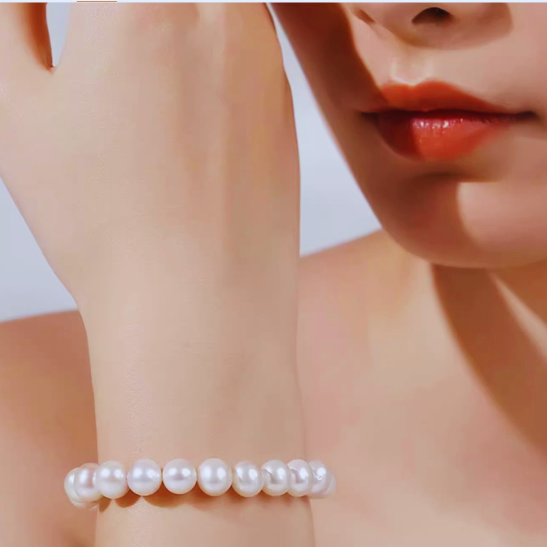 7.0mm-9.5mm Natural White Freshwater Pearl Bracelet - AAA+ Quality