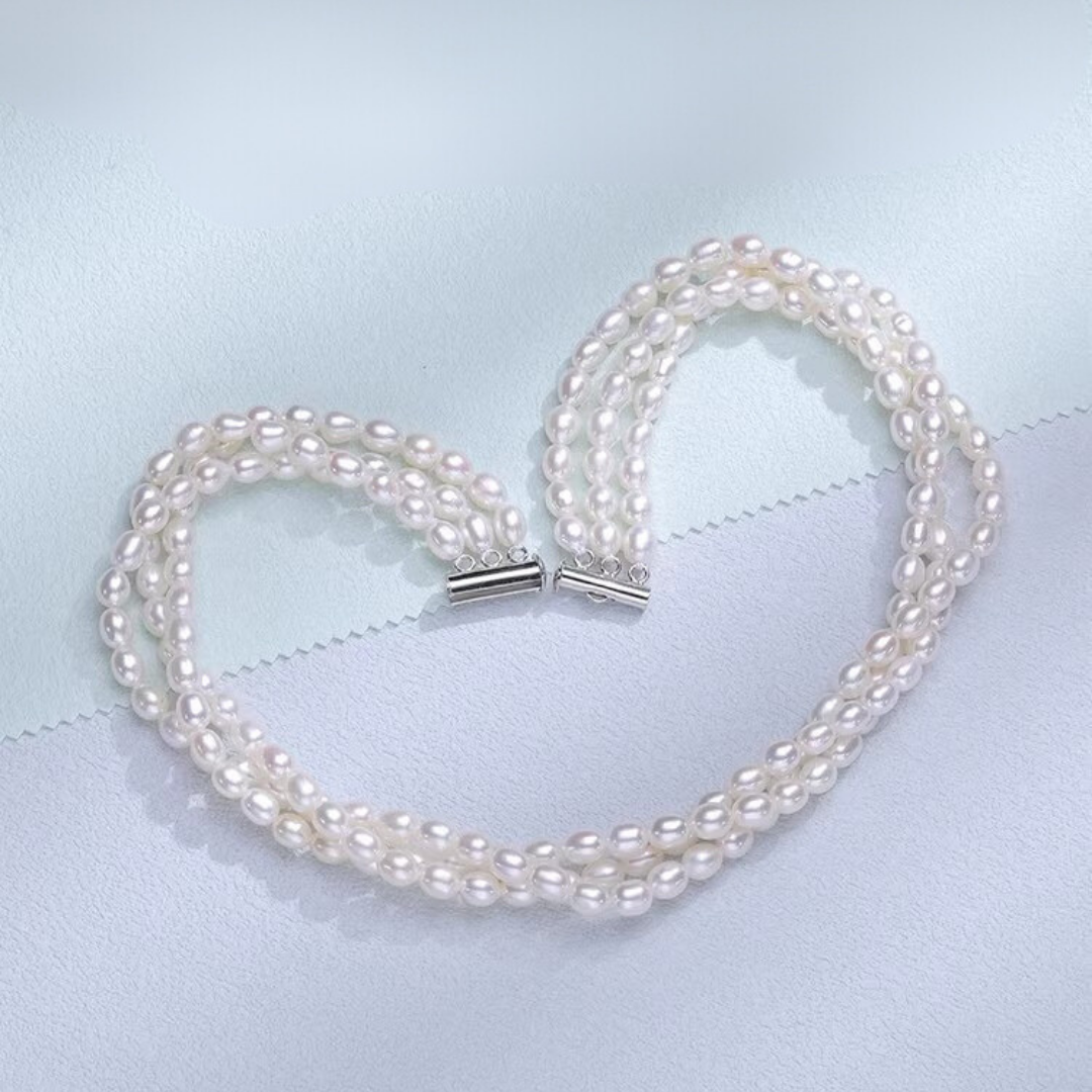 Triple-layer Aurora Rice Pearl Necklace AAA Quality