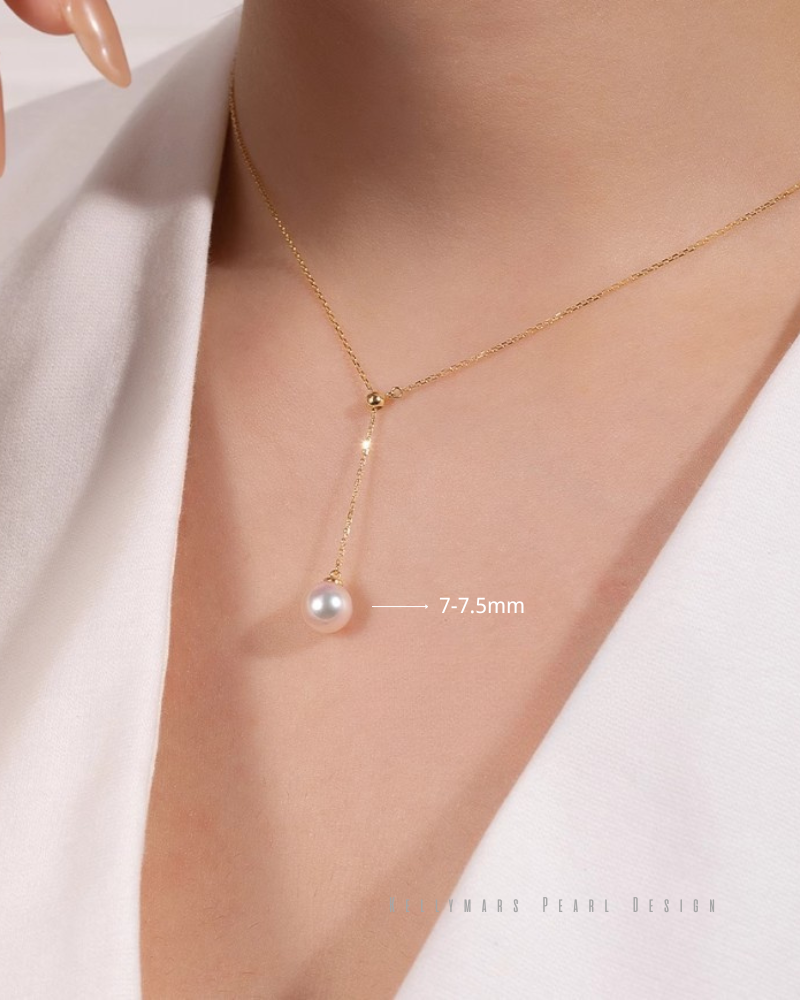 7mm-9.5mm 18K Solid Gold Janpanese Akoya Seawater Y Shaped Adjustable Pearl Pendant Necklace - AAA Quality