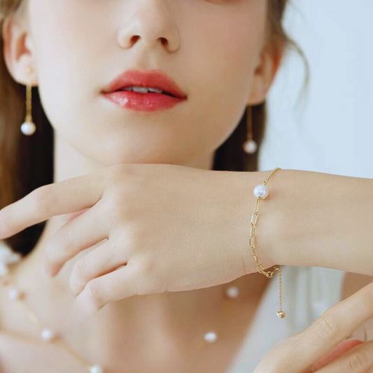 7mm-7.5mm 18K Solid Gold Janpanese Akoya Seawater Designer Single Pearl Bracelet - AAA Quality