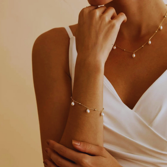 7mm-7.5mm 18K Solid Gold Natural Freshwater Pearl Rice Beaded Bracelet - AAA Quality