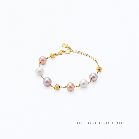 7mm-7.5mm Mixed Colour Natural Freshwater Pearl Bracelet in 18K Gold Plated – AAA Grade Minimalist Fine Jewellery