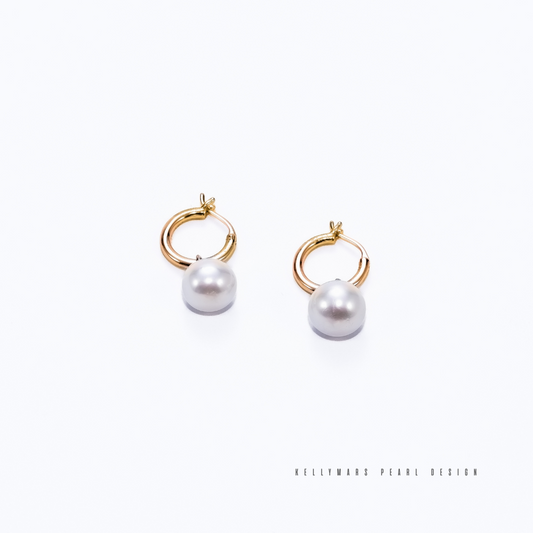 7mm-7.5mm 18K Solid Gold Natural Freshwater Pearl Hoop Earrings - AAA Quality