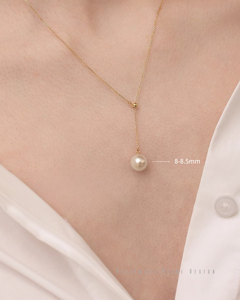 7mm-9.5mm 18K Solid Gold Janpanese Akoya Seawater Y Shaped Adjustable Pearl Pendant Necklace - AAA Quality