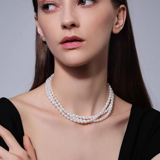 Triple-layer Aurora Rice Pearl Necklace AAA Quality