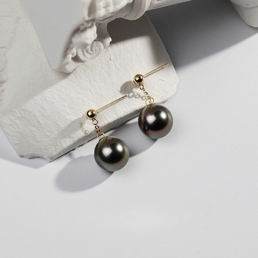 9mm-9.5m 18K Solid Gold Black Tahitian Round Pearl Stud Earrings - AAA Quality