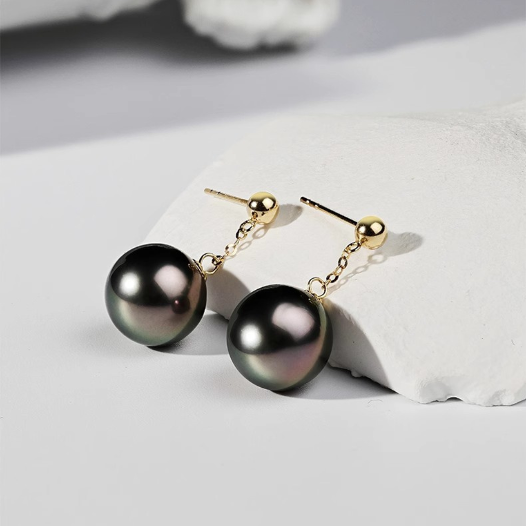 9mm-9.5m 18K Solid Gold Black Tahitian Round Pearl Stud Earrings - AAA Quality