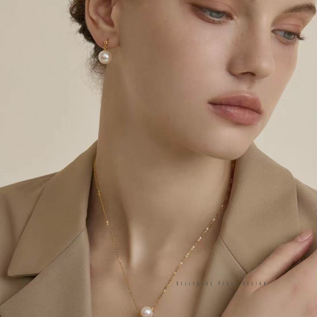 Seraph – 9–9.5mm 18K Solid Gold Natural White Edison Freshwater Pearl Earrings
