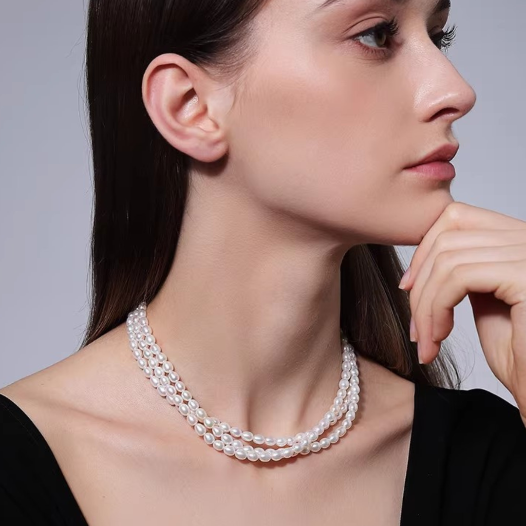 Triple-layer Aurora Rice Pearl Necklace AAA Quality