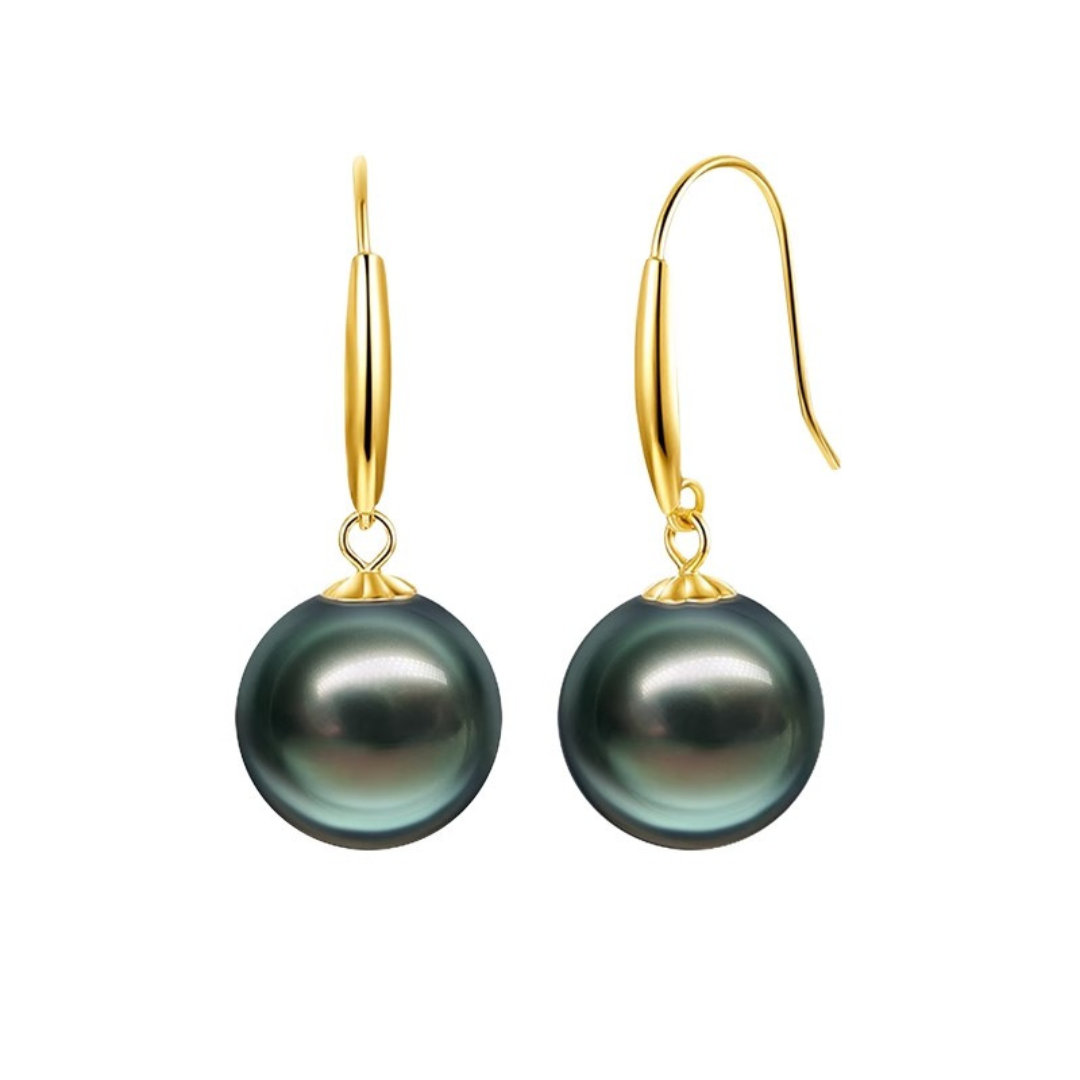 9mm-9.5m 18K Solid Gold Black Tahitian Hook Pearl Earrings - AAA Quality
