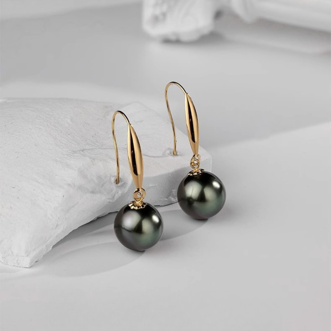 9mm-9.5m 18K Solid Gold Black Tahitian Hook Pearl Earrings - AAA Quality