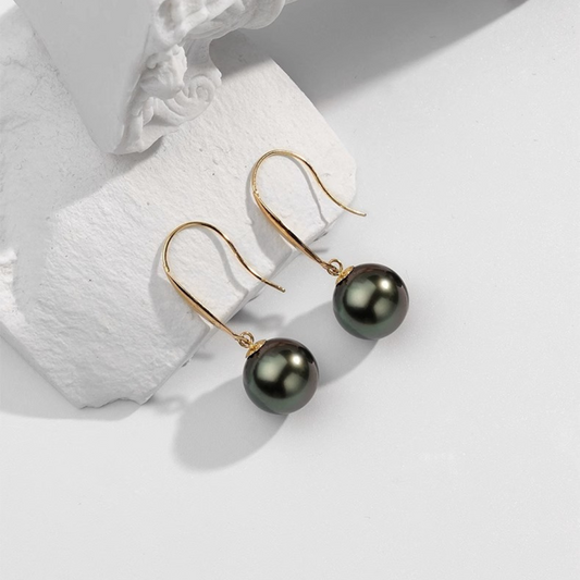 9mm-9.5m 18K Solid Gold Black Tahitian Hook Pearl Earrings - AAA Quality