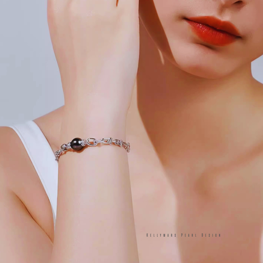 Zyra – 9–9.5mm Hypoallergenic 925 Sterling Silver Black Tahitian Pearl Bracelet